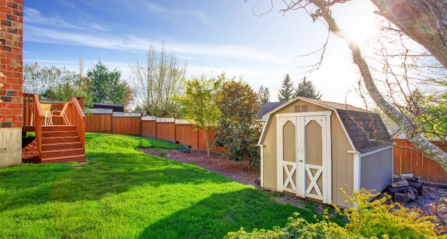 Fenced backyard with storage shed in Reno